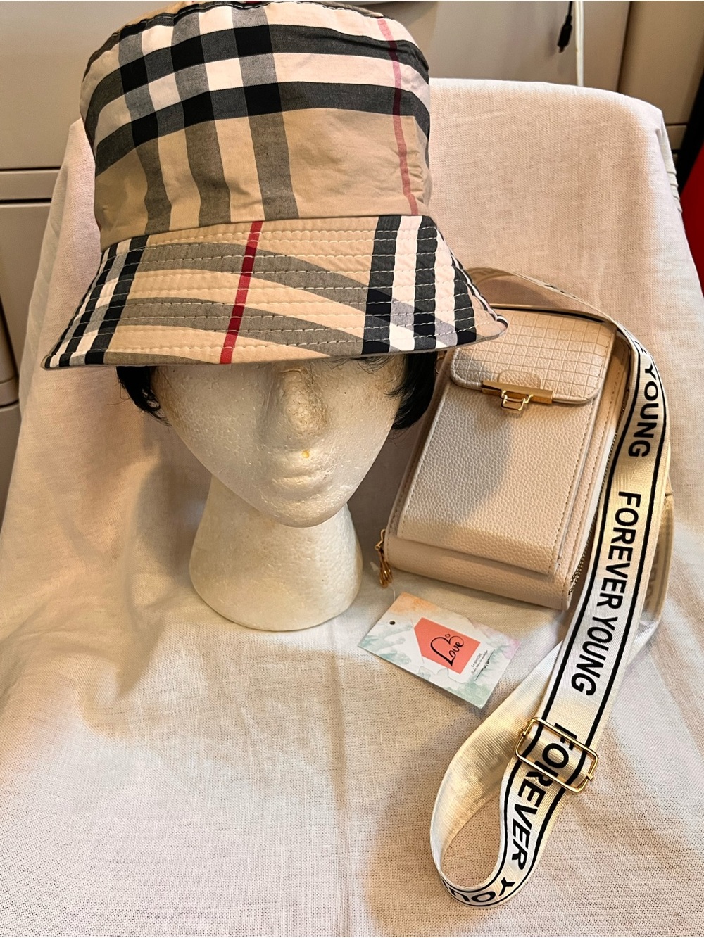Checked Bucket Hat - Beige Plaid with Forever Young Crossbody Bag